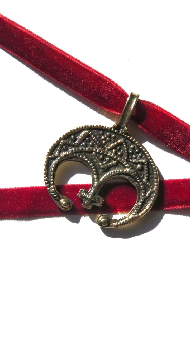 Zgarda “Lunnytsia” – Brass Pendant with Blackened Finish on Velvet Ribbon | Ethnic Jewelry from Ukraine