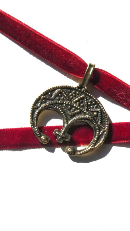 Zgarda “Lunnytsia” – Brass Pendant with Blackened Finish on Velvet Ribbon | Ethnic Jewelry from Ukraine