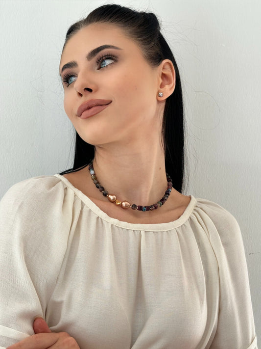 Pysanka Agate & Baroque Pearl Choker | Minimalist Necklace