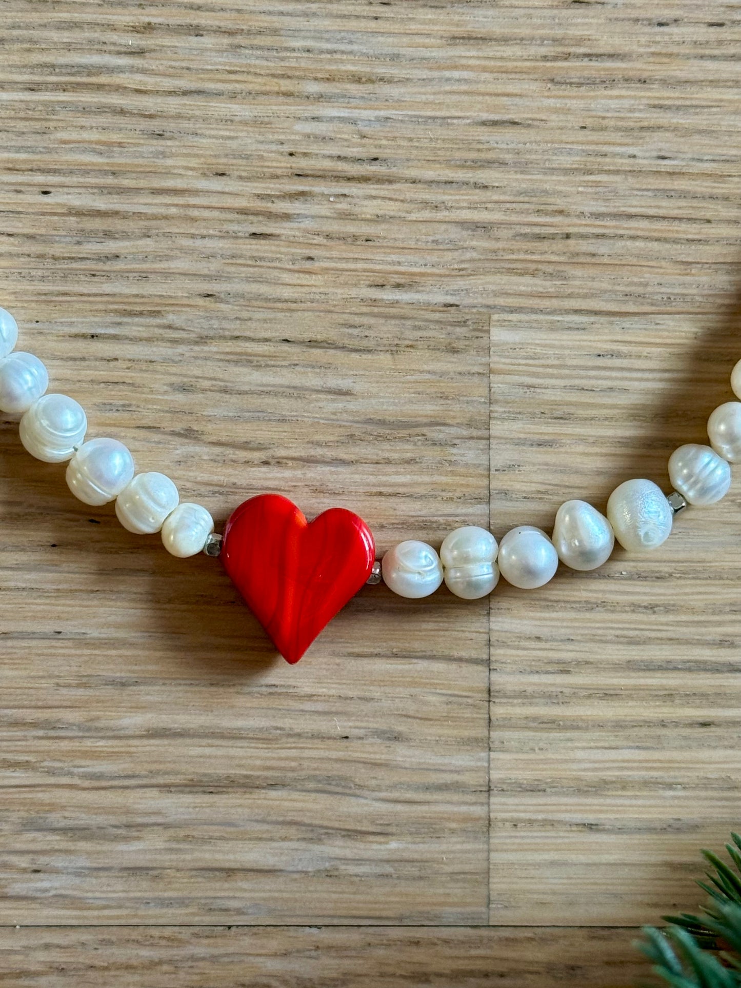 Kiss – Pearl Necklace with Red Ceramic Heart | unique Jewelry