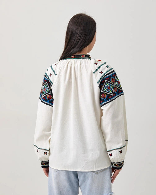 Orysia Button-Up Embroidered Blouse | White Blouse with Black Embroidered Panels | Goya Concept