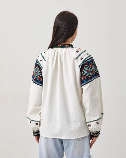 Orysia Button-Up Embroidered Blouse | White Blouse with Black Embroidered Panels | Goya Concept