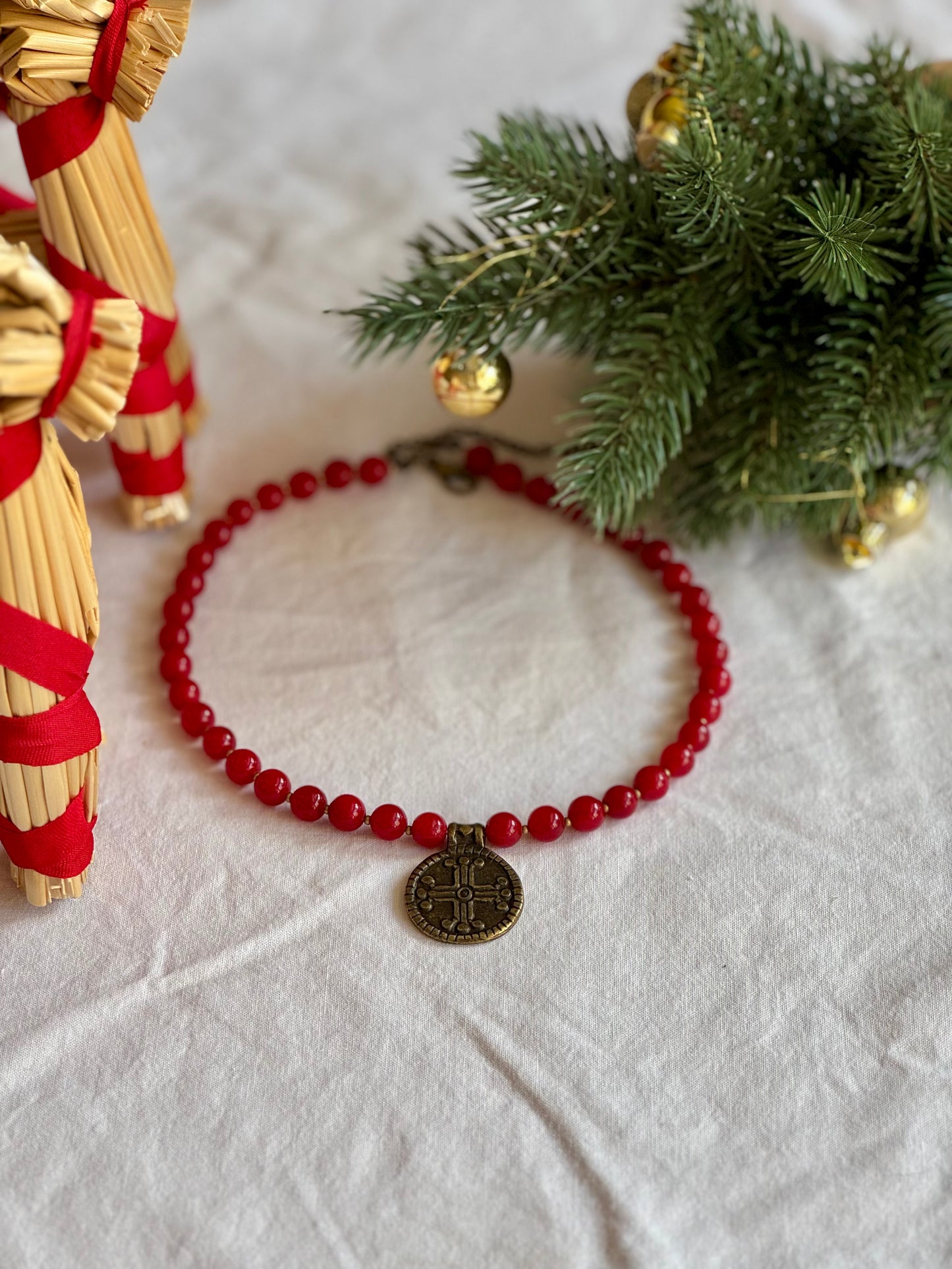 “Kolo Svitla” Necklace – Red Coral Necklace with Hutsul Cross Pendant | Ethnic Jewelry by Goya Concept