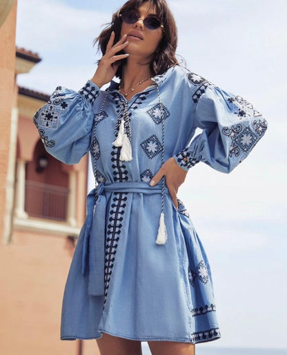 Blue Denim Dress with Dark Blue Embroidery