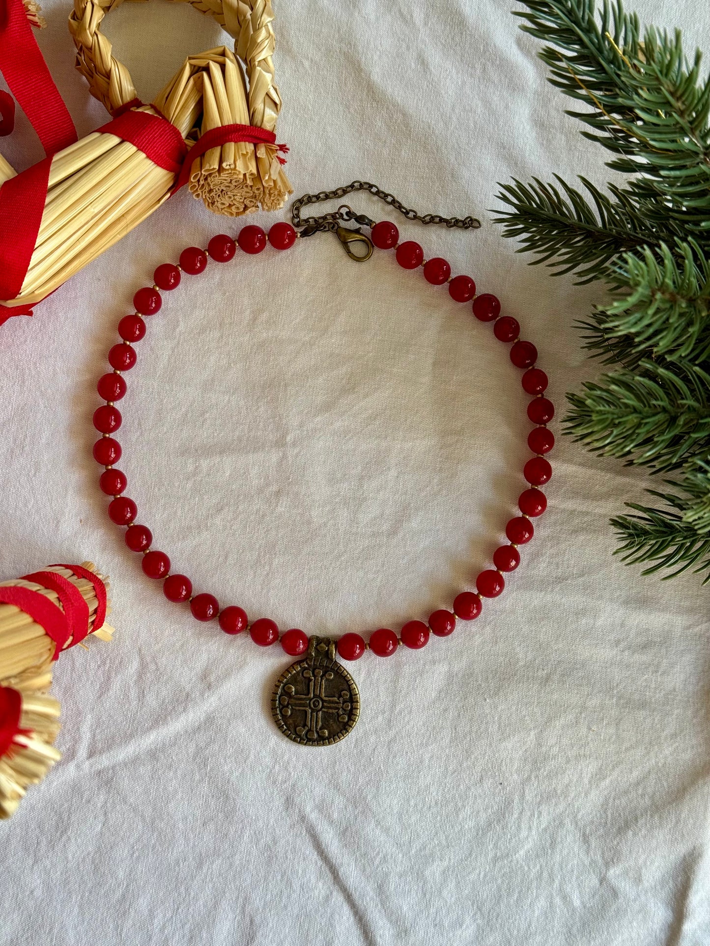 “Kolo Svitla” Necklace – Red Coral Necklace with Hutsul Cross Pendant | Ethnic Jewelry by Goya Concept