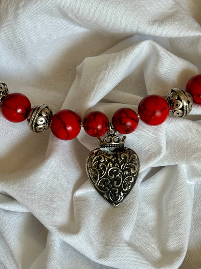 Heart of Heritage – Red Howlite Beaded Necklace with Silver Dukach Pendant | Goya Concept Jewelry