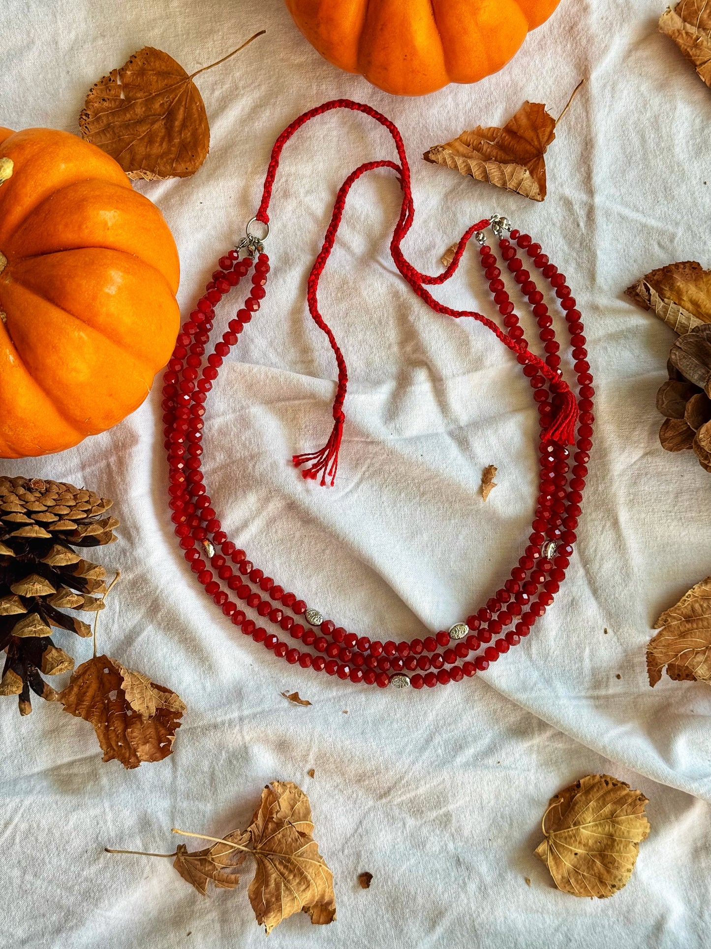 Garnet Symphony Necklace – Three-Strand Deep Red Crystal Bead Necklace | Ethnic Jewelry by Goya Concept