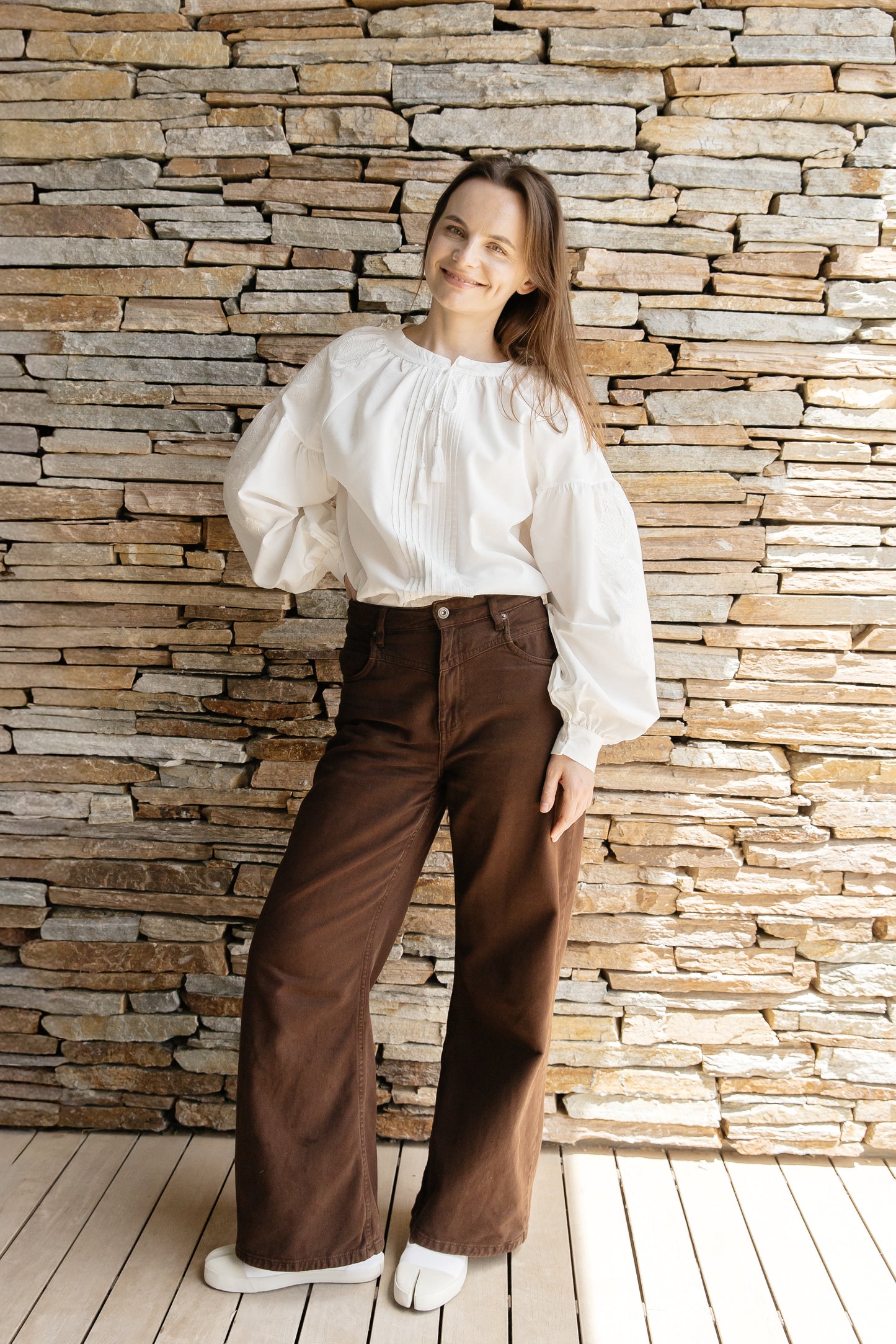 White Embroidered Blouse “Lileya” with Voluminous Sleeves and Vertical Pleated Panel