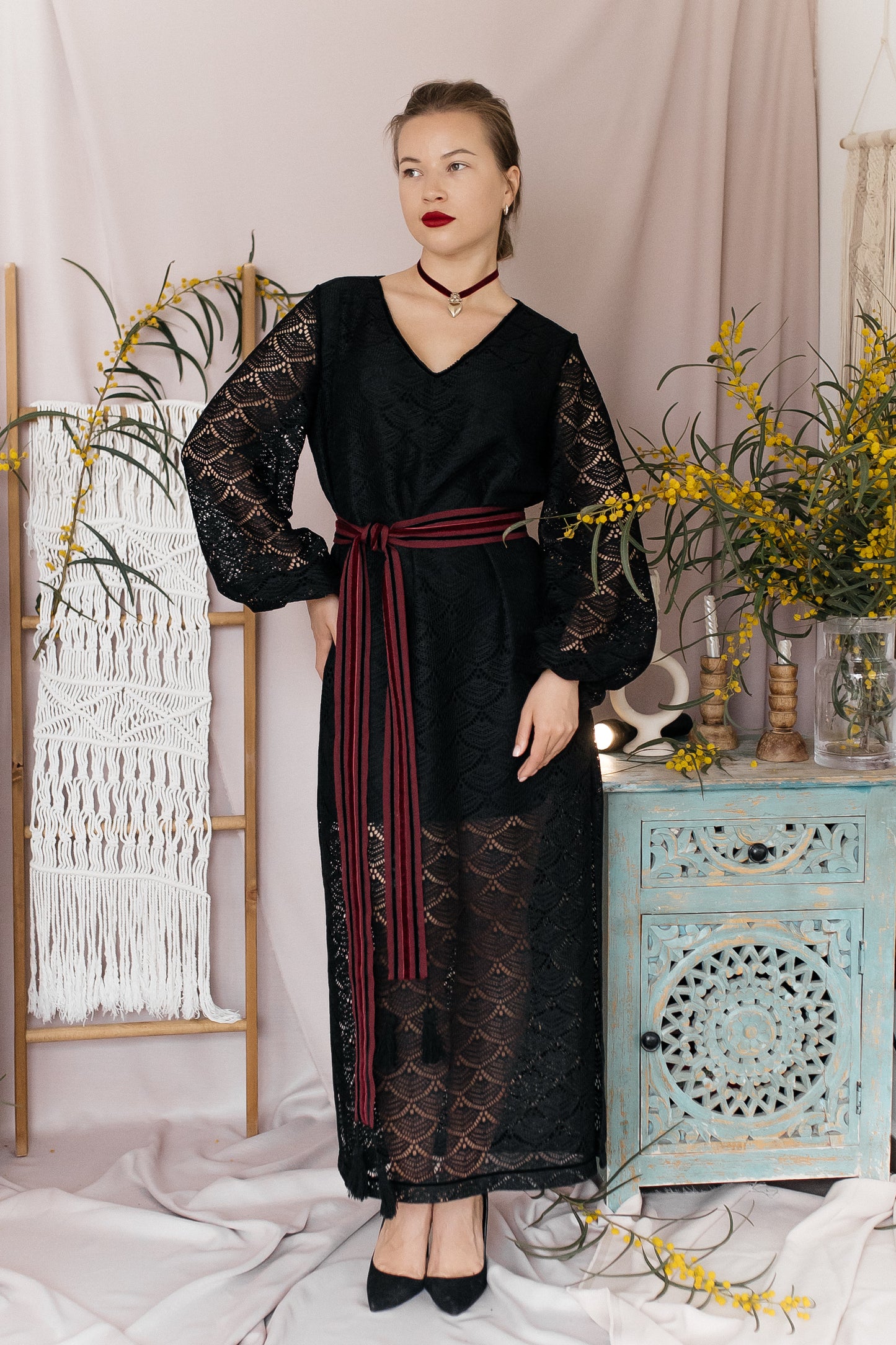 Black Maxi Dress “Lybid” in Textured Lace Fabric