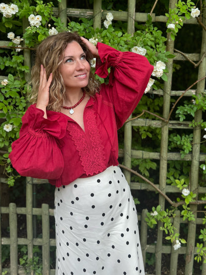 Cherry Linen & Cotton Blouse with Lace Front Detail | Goya Concept