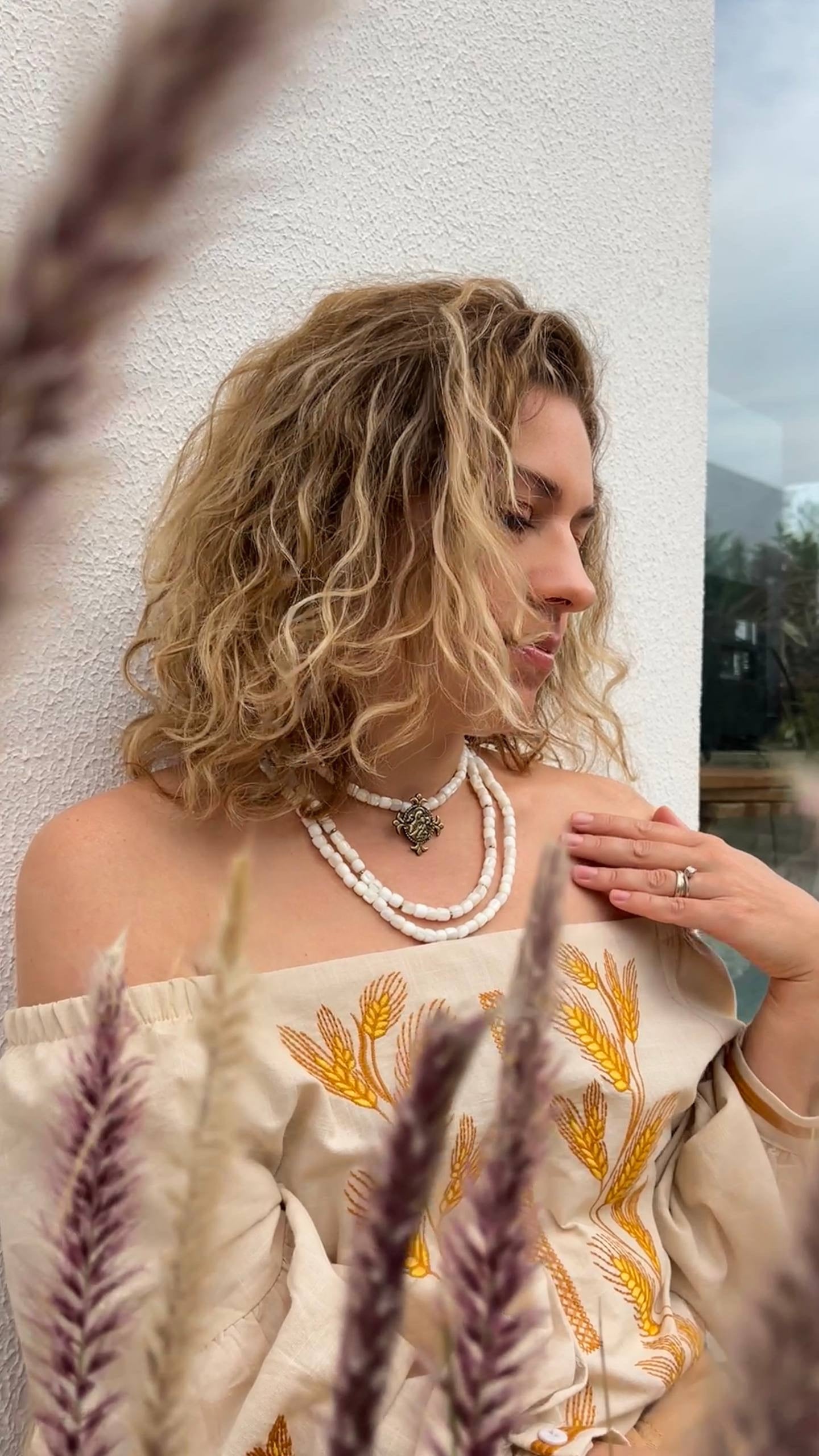 Three-Strand Mother-of-Pearl Necklace “Siaivo” — White Ukrainian Necklace with Dukach Pendant