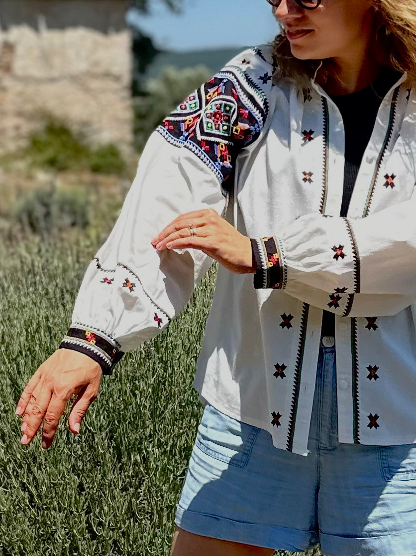 Orysia Button-Up Embroidered Blouse | White Blouse with Black Embroidered Panels | Goya Concept