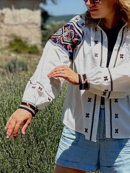 Orysia Button-Up Embroidered Blouse | White Blouse with Black Embroidered Panels | Goya Concept