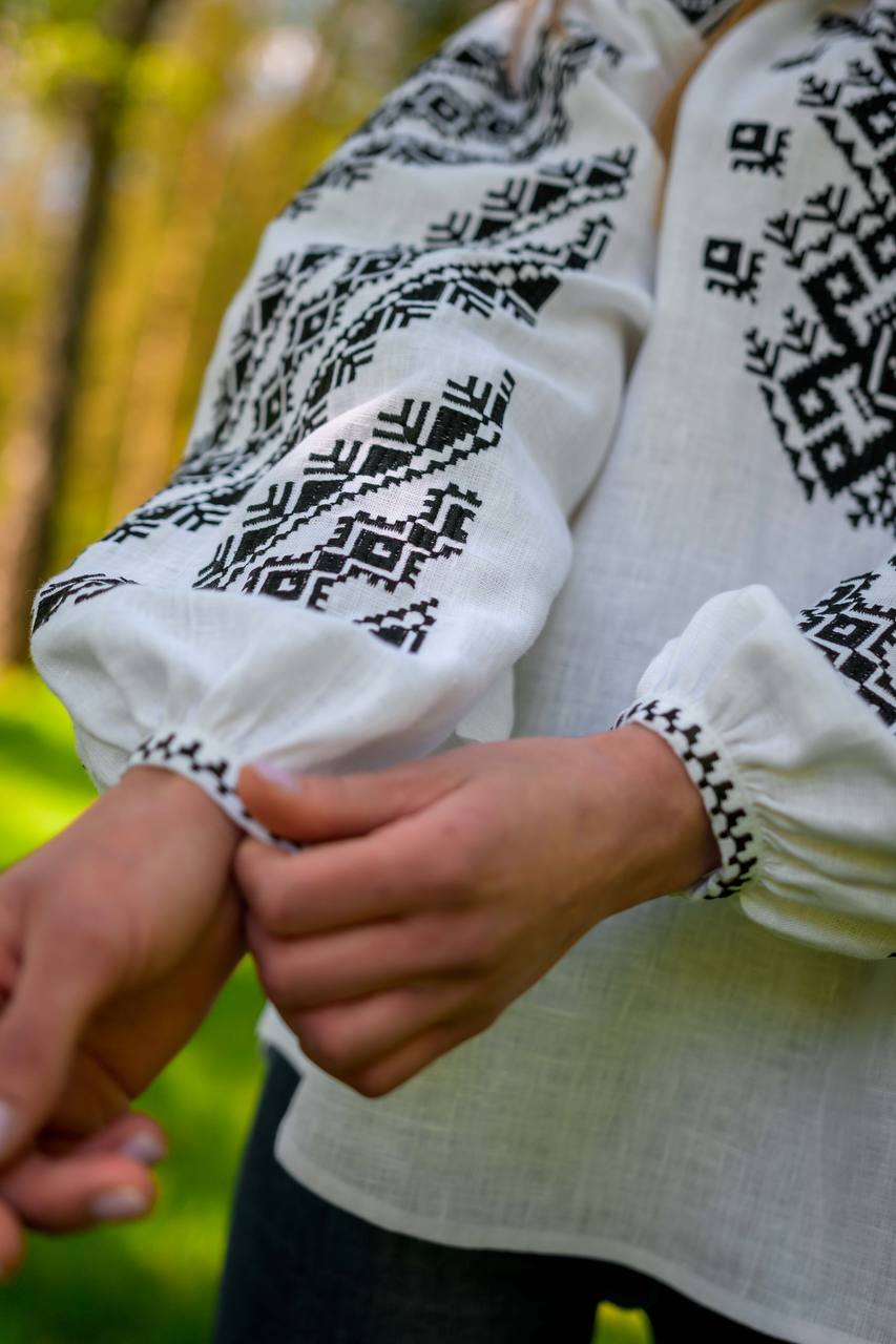 Bazhena Embroidered Linen Blouse — Black Geometric Embroidery