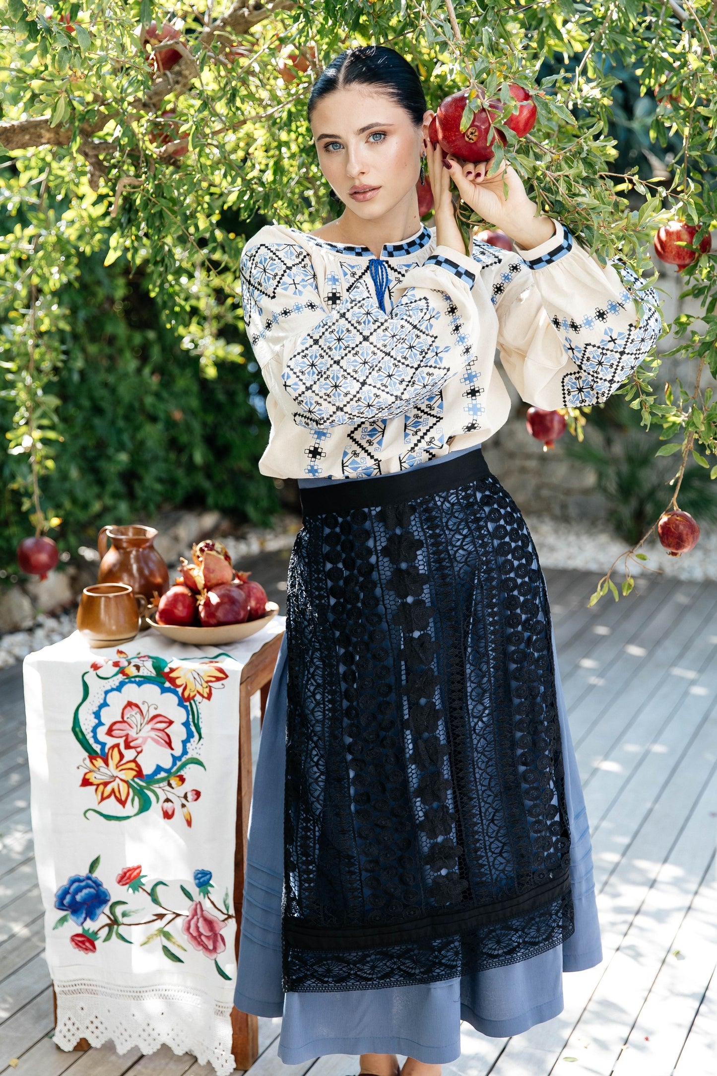 Blouse “Dyvotsvit” – Beige Linen Embroidered Blouse with Blue and Black Patterns and Tassels | Goya Concept