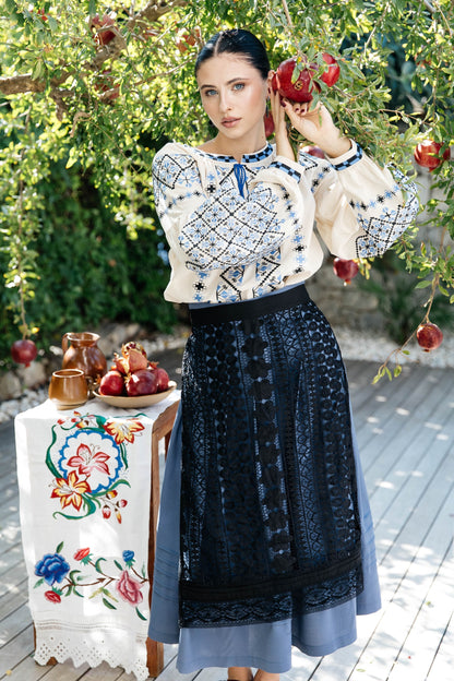 Blouse “Dyvotsvit” – Beige Linen Embroidered Blouse with Blue and Black Patterns and Tassels | Goya Concept