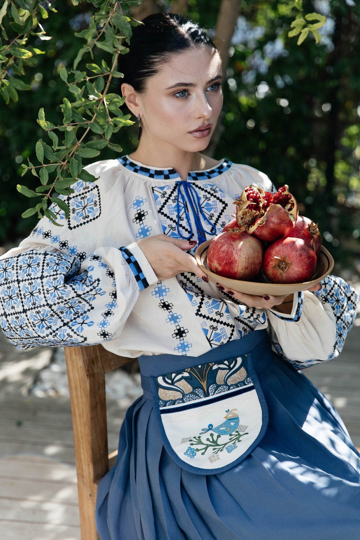 Blouse “Dyvotsvit” – Beige Linen Embroidered Blouse with Blue and Black Patterns and Tassels | Goya Concept