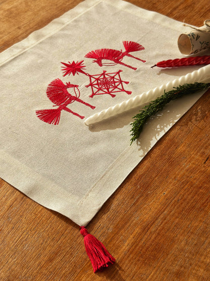Christmas Horses Table Runner | Red Cotton Embroidery Napkin