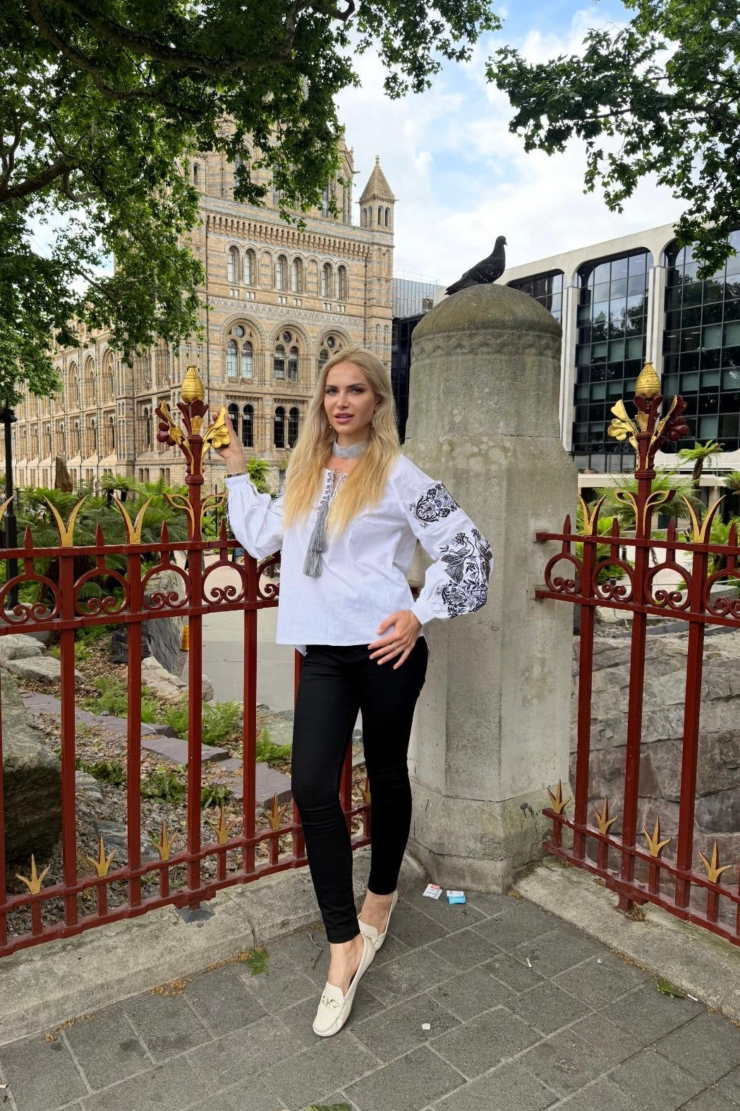 Modern Vyshyvanka “Firebird” – White Cotton Ukrainian Embroidered Shirt for Women
