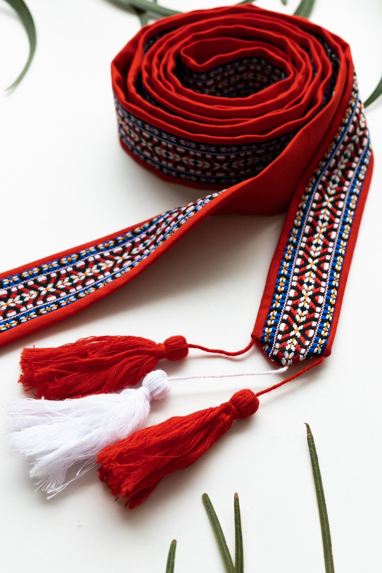 Sash Belt “Red Weave” — Ethnic Waist Belt with Woven Ribbon and Handmade Tassels