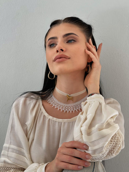 Merezhka Linen & Viscose Women’s Blouse with Lace Sleeves | Modern Ethnic Style