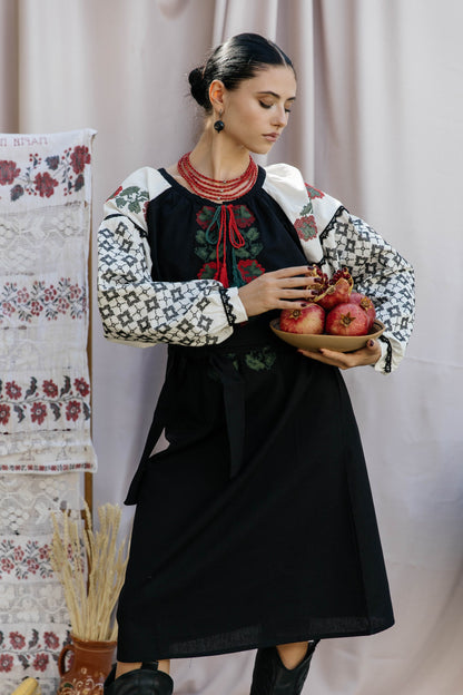 Chorna Ruzha Black Embroidered Midi Dress with Roses