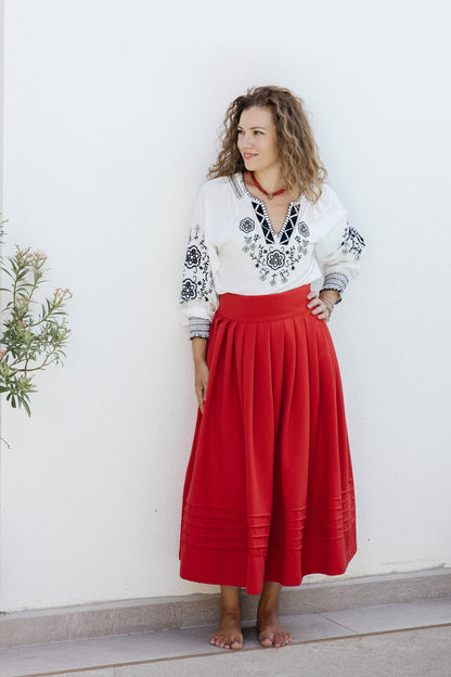 Red pleated midi skirt “Kalyna” – viscose blend ethnic style by Goya concept