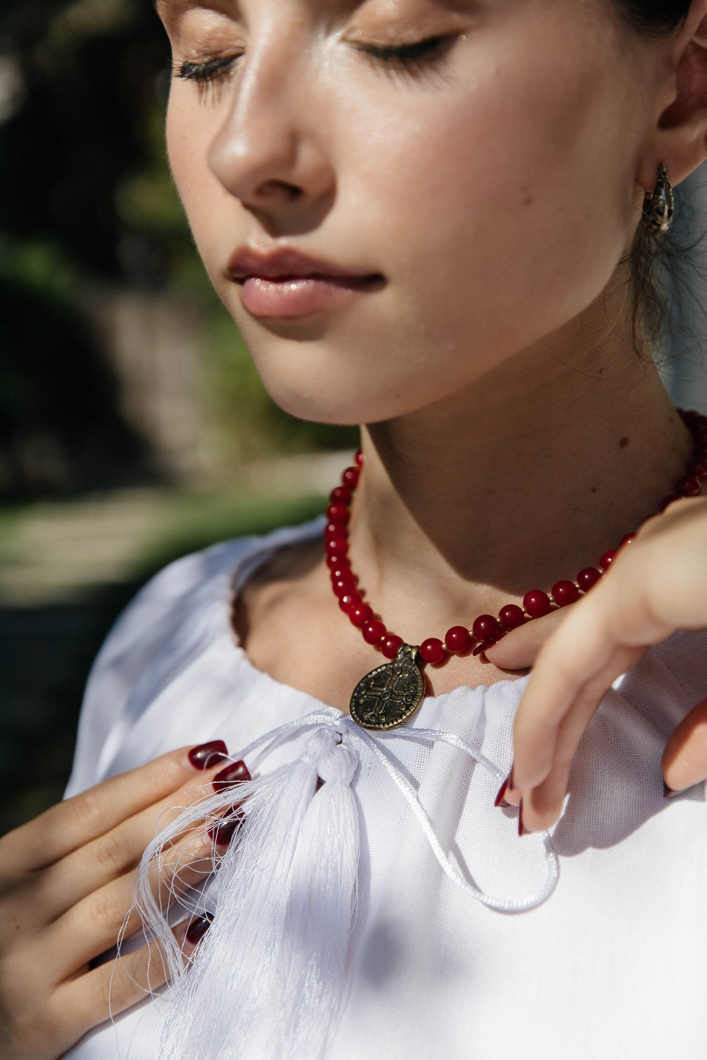 “Kolo Svitla” Necklace – Red Coral Necklace with Hutsul Cross Pendant | Ethnic Jewelry by Goya Concept
