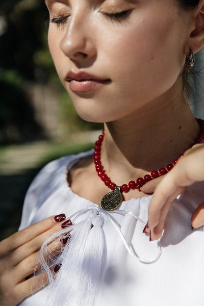 “Kolo Svitla” Necklace – Red Coral Necklace with Hutsul Cross Pendant | Ethnic Jewelry by Goya Concept