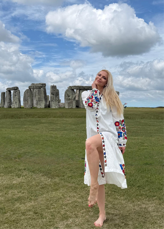 Dress with Belt “Kvіtana” — White Embroidered Midi Dress