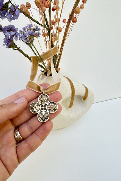 Zgarda “Hutsul Flower” – Brass Pendant with Blackened Finish on Velvet Ribbon | Ethnic Ukrainian Accessory