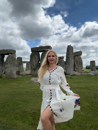 Dress with Belt “Kvіtana” — White Embroidered Midi Dress
