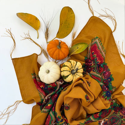 Scarf “Saffron” – Mustard Floral Square Scarf with Fringe 90×90 cm | Goya Concept