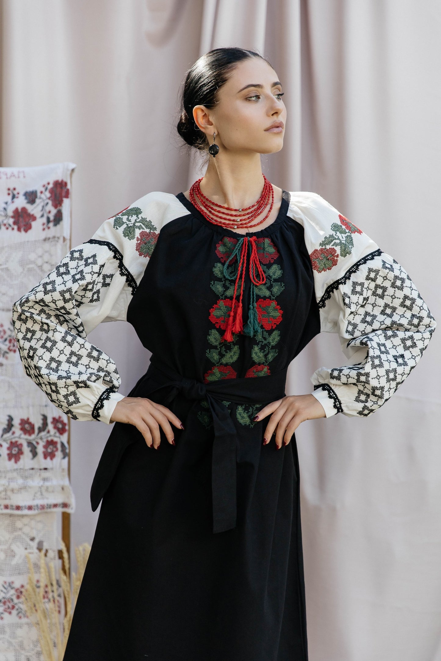 Chorna Ruzha Black Embroidered Midi Dress with Roses