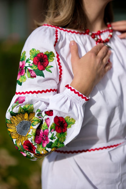Svitlana – White Embroidered Dress with Sunflowers & Red Floral Sleeves | Ukrainian Cotton Dress