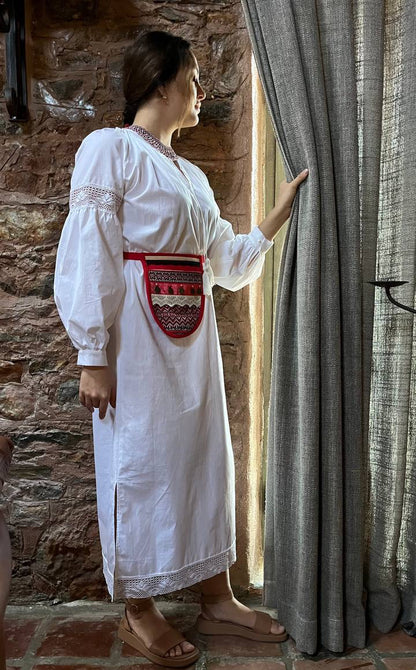 Boho White Ethnic Dress | Lace Trim Long Sleeve Cotton Dress Lileya