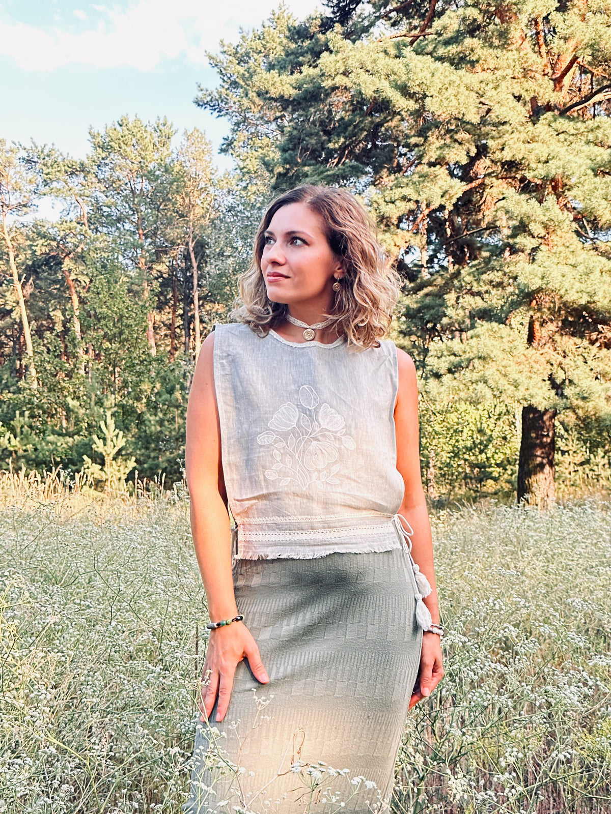 Women’s Sage Embroidered Linen Side-Tie Top “Bouquet” | Ukrainian Style Vest
