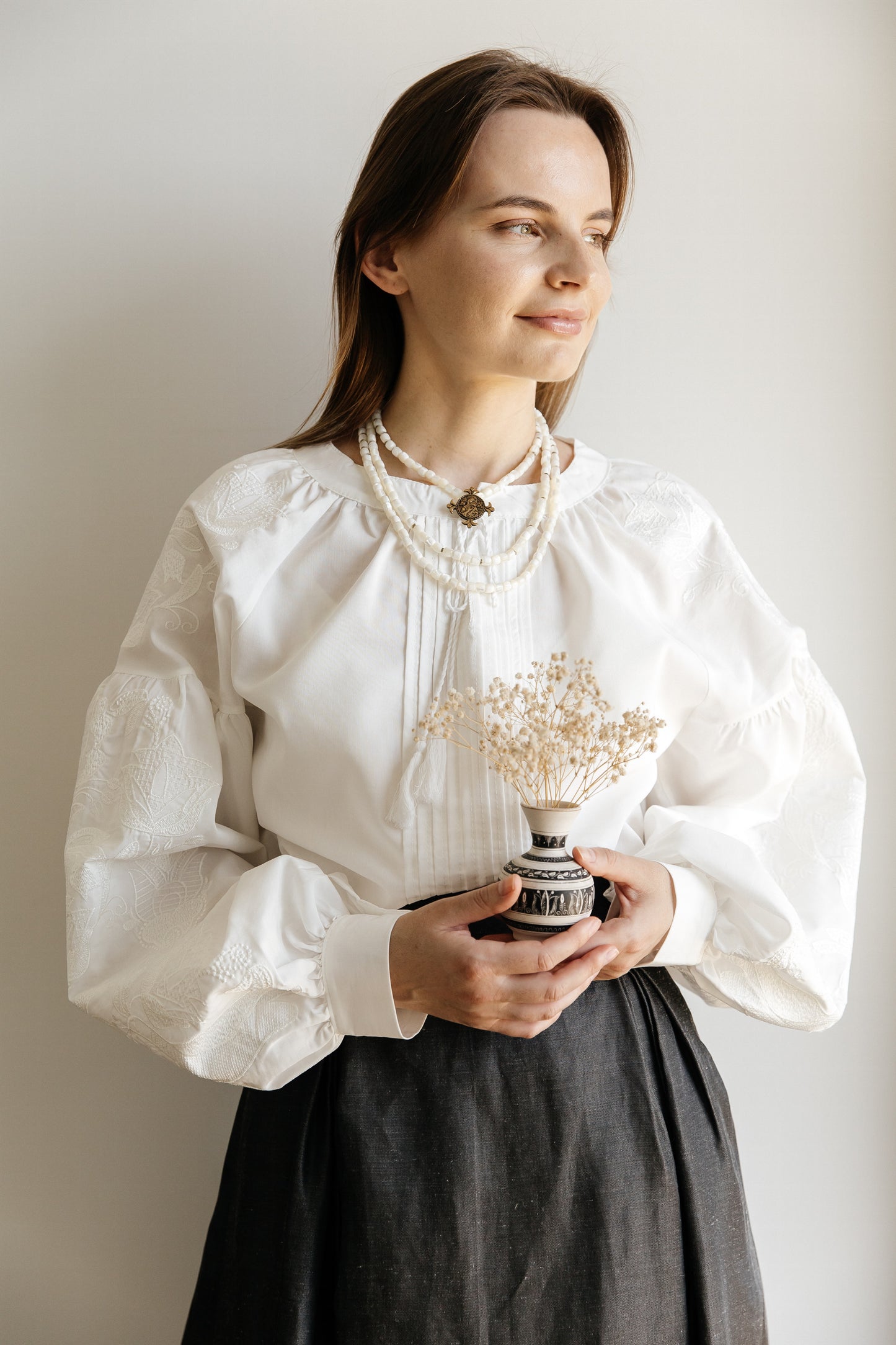 Three-Strand Mother-of-Pearl Necklace “Siaivo” — White Ukrainian Necklace with Dukach Pendant