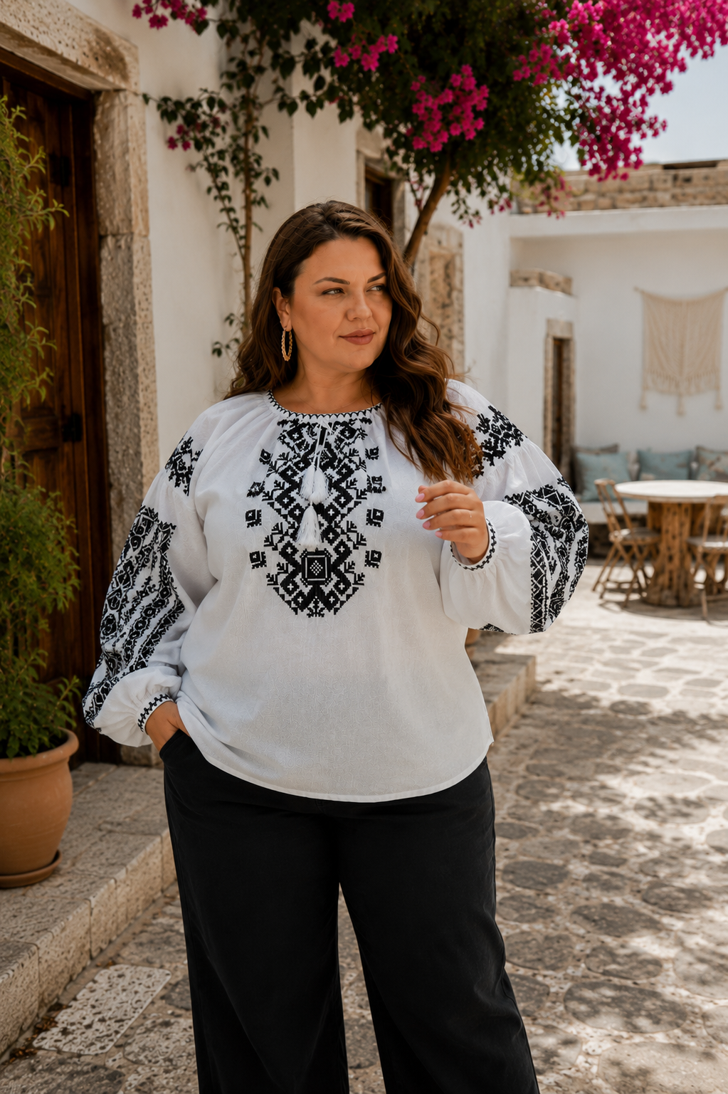 Bazhena Embroidered Linen Blouse — Black Geometric Embroidery