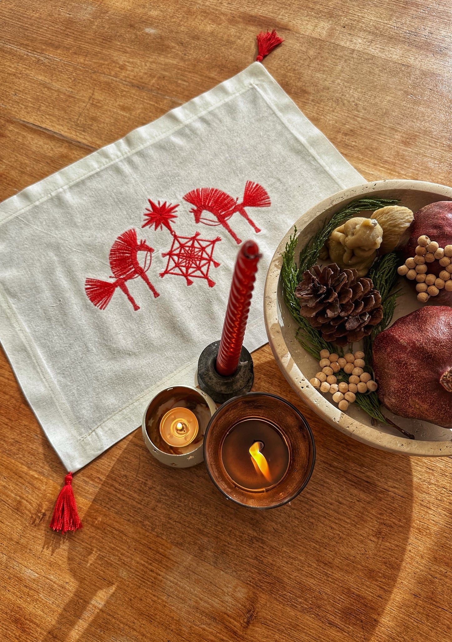 Christmas Horses Table Runner | Red Cotton Embroidery Napkin