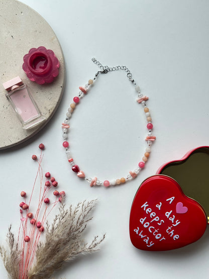 Caramel Heart Choker — Pink Quartz & Coral Necklace