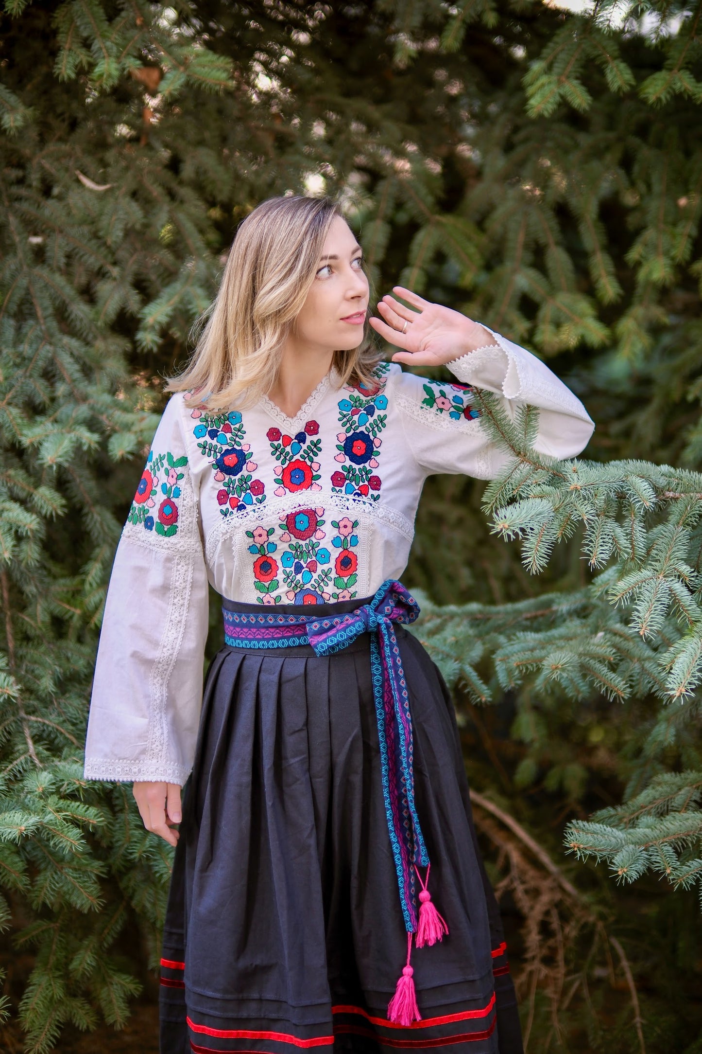 Blue Zorianytsia Woven Sash with Geometric Pattern and Pink Tassels