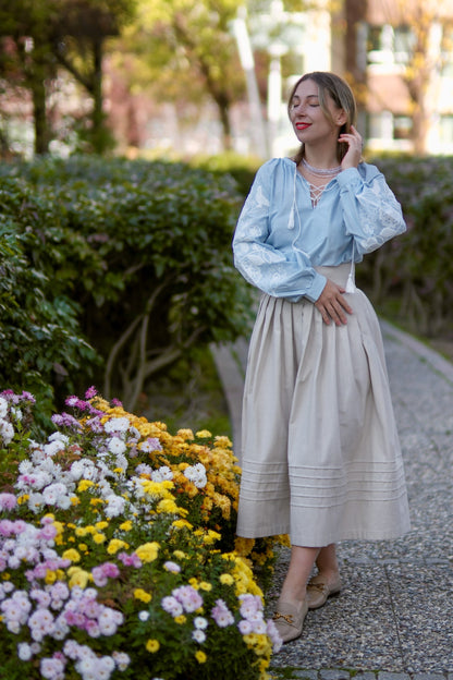 Drevo Mriy – Light Blue Blouse with White Embroidery “Family Tree” | Ukrainian Women’s Shirt