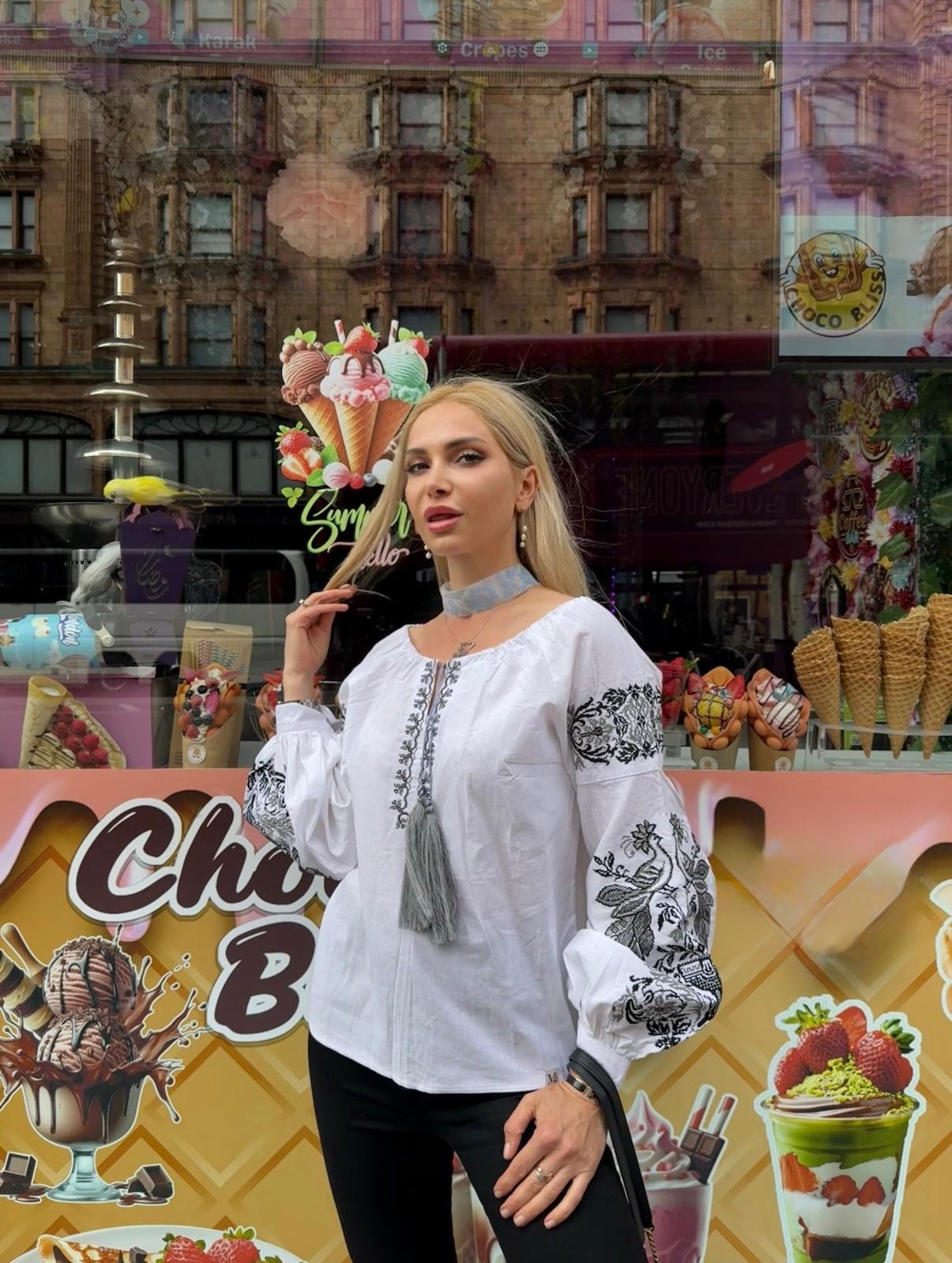 Modern Vyshyvanka “Firebird” – White Cotton Ukrainian Embroidered Shirt for Women