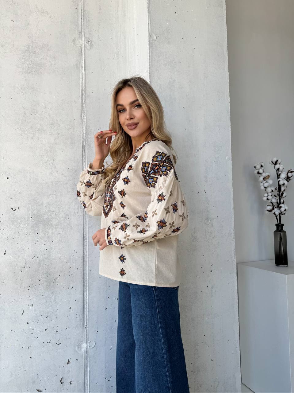 “Melania” Beige Vyshyvanka – Plus Size Ukrainian Embroidered Blouse in Linen-Cotton Blend