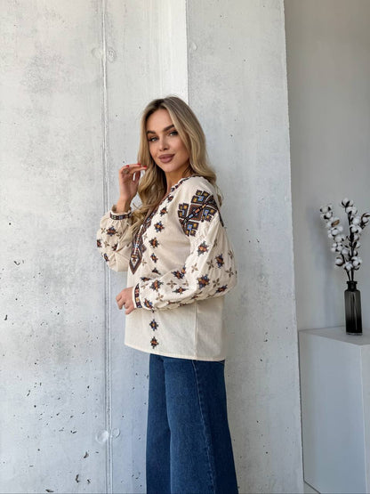 “Melania” Beige Vyshyvanka – Plus Size Ukrainian Embroidered Blouse in Linen-Cotton Blend