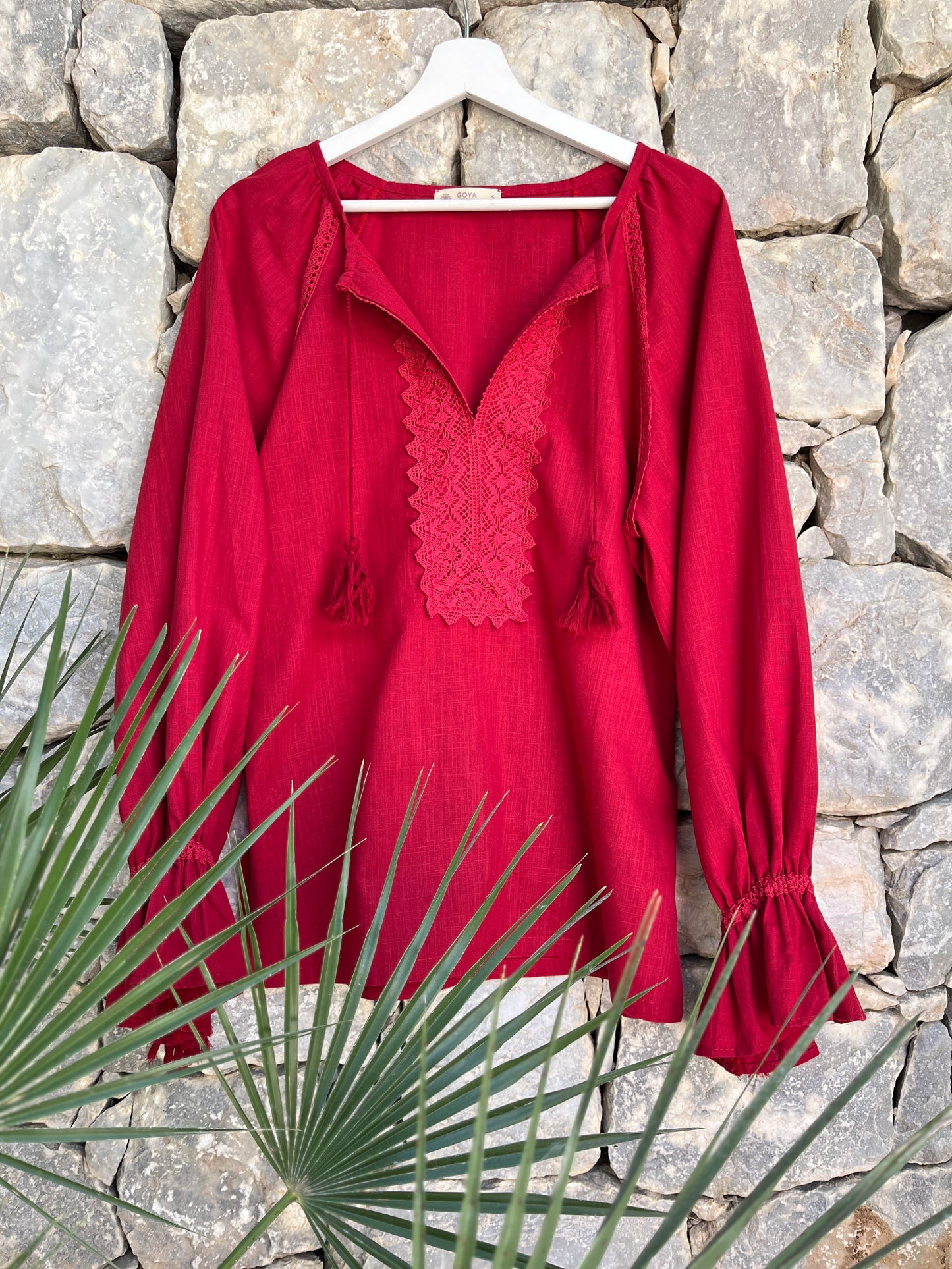 Cherry Linen & Cotton Blouse with Lace Front Detail | Goya Concept