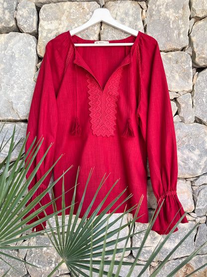 Cherry Linen & Cotton Blouse with Lace Front Detail | Goya Concept