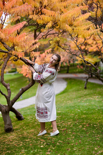 Troyanda Embroidered Linen Cotton Midi Dress – Ukrainian Floral Vyshyvanka