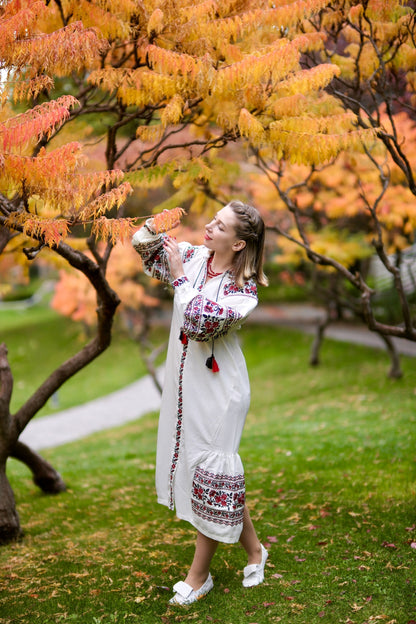 Troyanda Embroidered Linen Cotton Midi Dress – Ukrainian Floral Vyshyvanka